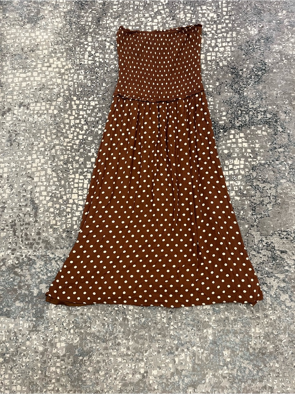 Brown Polka Dot Strapless Midi Dress